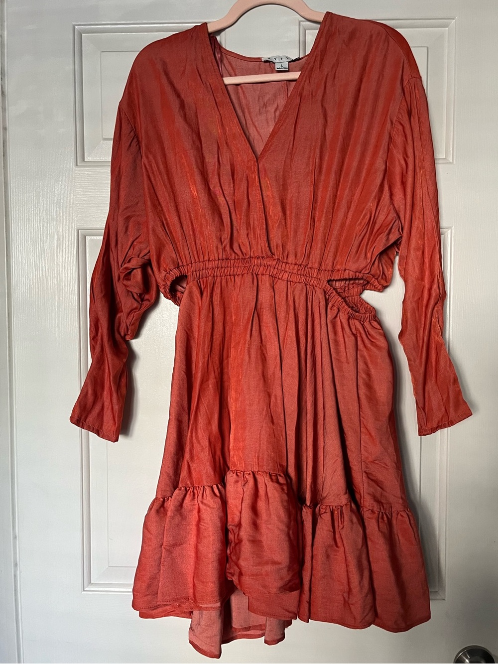 HYFVE Rust Orange Long Sleeve V-Neck Tiered Dress | Large
